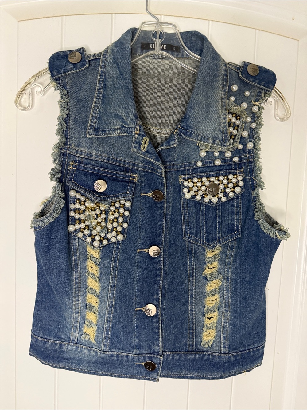 Embellished Blue Denim Vest with Pearl Accents